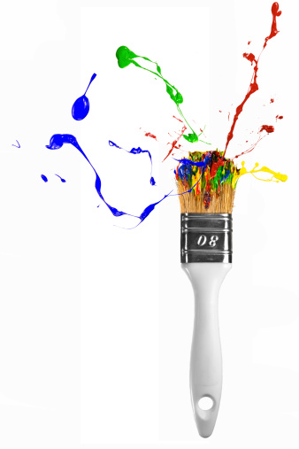 White isolated paintbrush with multicolor paint explosion