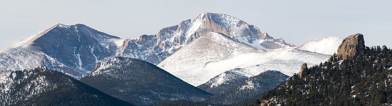 Panoramic view of Rocky Mountain National Parks highest mountains viewed from Estes Park Colorado in mid-Winter.