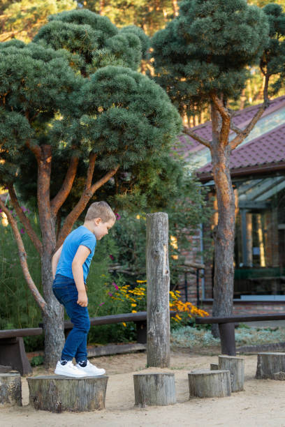 istock A little boy is jumping on a stump obstacle course in the yard, with a beautiful decorative pine tree in the background. Vertical photo 1863108481