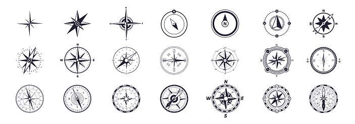 Compass symbol set. Wind rose icon. Compass with cardinal directions of North, East, South, West