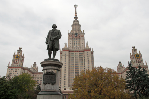 Moscow State University building and Lomonosov statue