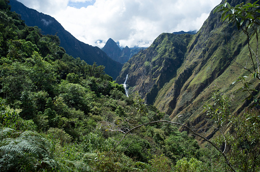Views of green mountains, hills and valleys of the world famous Inca trail, a 4 day and 40km hike that leads to the famed ruins and archaeological site of Machu Picchu. The trail was built by the Incas hundreds of years ago