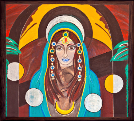 Portrait image of an oriental, holy and spiritual woman painted on wood.