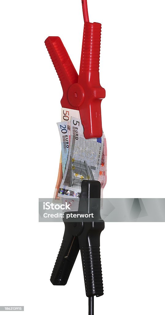 jump-start cables connected to european currency Battery Stock Photo