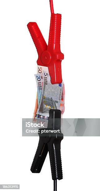 Jumpstart Cables Connected To European Currency Stock Photo - Download Image Now - Battery, Cable, Clamp