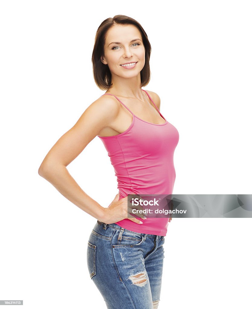 woman in blank pink tank top tank top design concept - smiling woman in blank pink tank top Adult Stock Photo