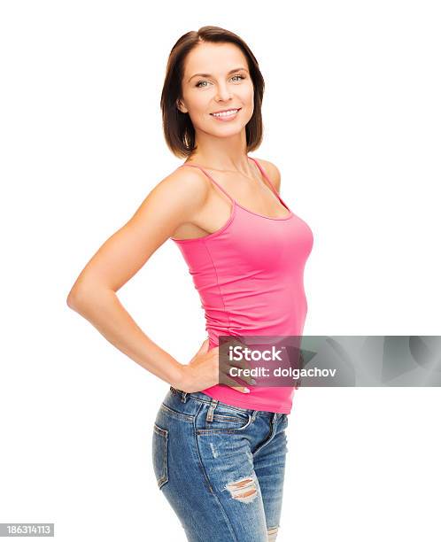 Woman In Blank Pink Tank Top Stock Photo - Download Image Now - Adult, Adults Only, Advertisement