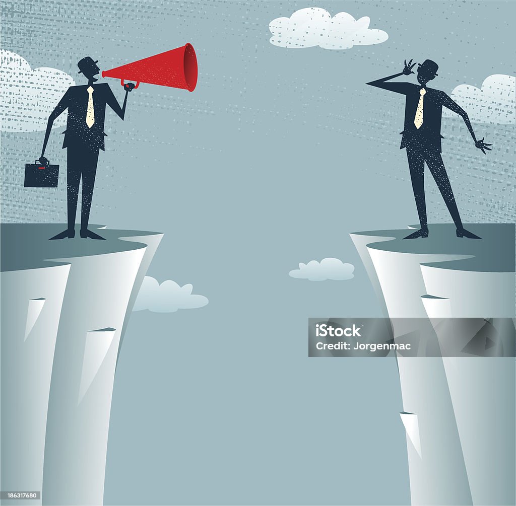 Abstract Businessmen communicating from distance. Vector illustration of Retro styled Businessman standing on the cliffs shouting at the top of his voice through a loudspeaker megaphone to his colleague who is trying to hear him. Hi-res Jpeg, PNG and PDF files included. Megaphone stock vector