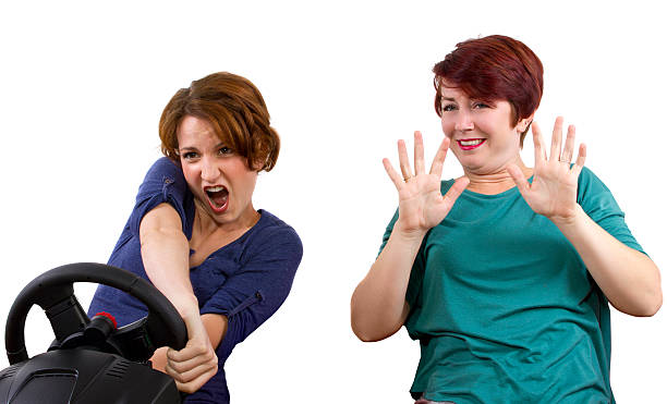 istock Reckless driver and scared female passenger on white background 186318153