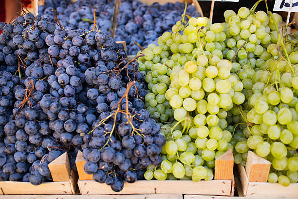 frischen weintrauben auf markt - grape red grape red farmers market stock-fotos und bilder