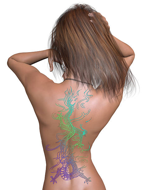 Woman's back with brightly coloured Chinese dragon design, 3d digitally rendered illustration.