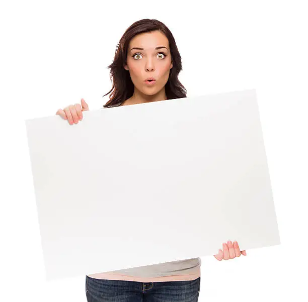 Beautiful Mixed Race Female Holding Blank Sign Isolated on a White Background.