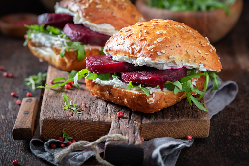 Delicious and fresh sandwich with beetroot and cottage cheese. Sandwich for healthy breakfast.