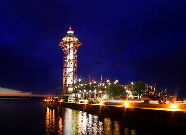 Dobbins Landing Dobbins Landing And The Bicentenial Tower At Night During The Perry 200 Commemoration, September 2013, Erie Pennsylvania, USA lake erie stock pictures, royalty-free photos & images