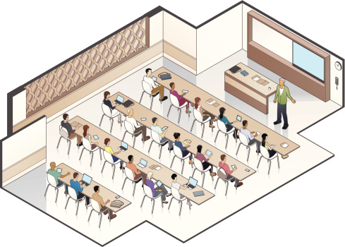 Detailed illustration of a university classroom, with a professor, 21 students, and an array of internet-enabled devices.