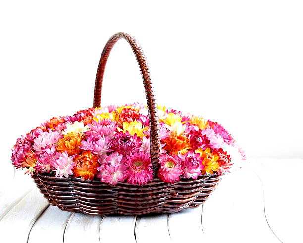 istock wicker basket with multicolored flowers on wooden table 186323588