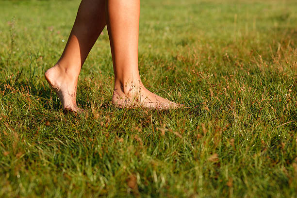 close-up of female legs close-up of female legs walking on green grass barefoot barefoot stock pictures, royalty-free photos & images