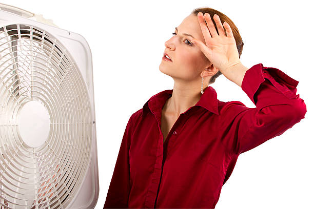 istock Businesswoman cooling off with a fan 186324438