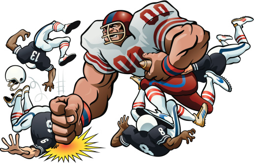 Cartoon style image of a large football player wading through the opposing team's offense.