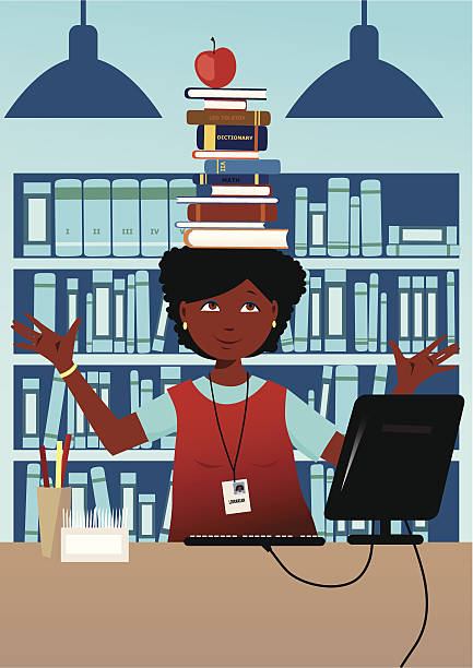 ilustraciones, imágenes clip art, dibujos animados e iconos de stock de bibliotecario con libros sobre la cabeza - librarian