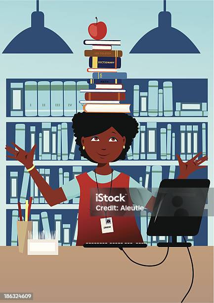 Bibliotecário Com Livros Na Cabeça Dela - Arte vetorial de stock e mais imagens de Bibliotecário - Bibliotecário, Afro-americano, Banda desenhada - Produto Artístico