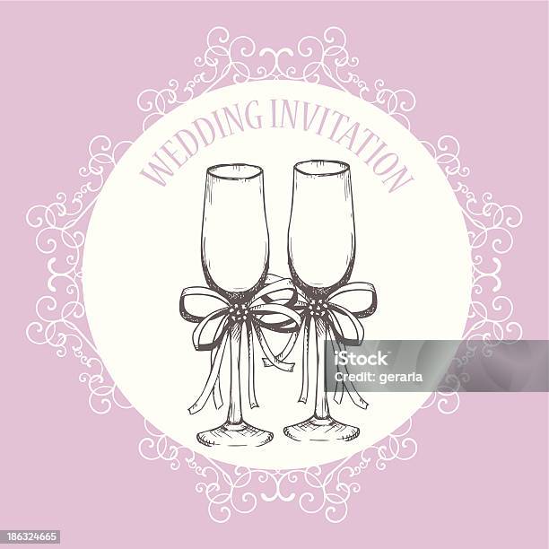 Modello Di Invito Matrimonio Vintage Disegnati A Mano Con Bicchiere Di Champagne - Immagini vettoriali stock e altre immagini di Album di ritagli