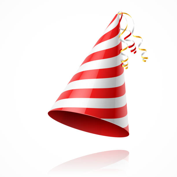 Red and white-striped conical party hat Vector illustration with transparent effect. Eps10. party hat stock illustrations