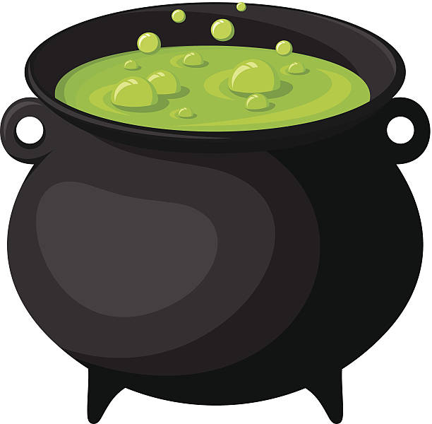 Black witches cauldron with potion. Vector illustration. Vector old black witches cauldron with green potion isolated on white. cauldron stock illustrations