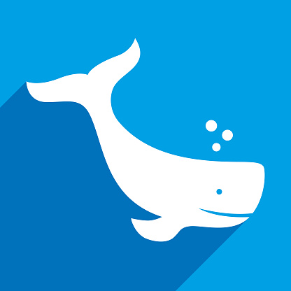 Vector illustration of a blue and white square whale icon.