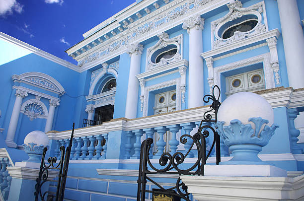 Blue house in Merida, Yucatan, Mexico stock photo