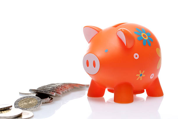 Orange piggy bank with currency stock photo