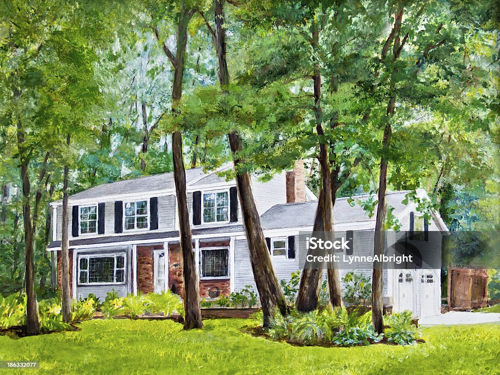 House in the Trees Tall pine trees tower over an upstate NY house, set back from the road, in an acrylic painting. Acrylic Painting stock illustration