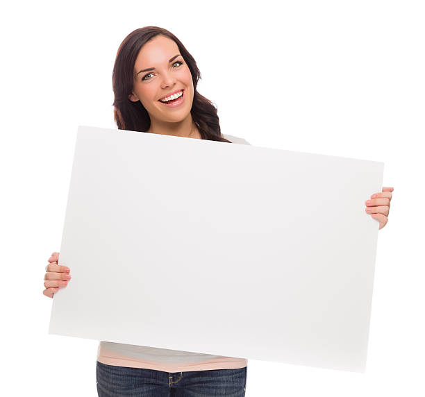 istock Beautiful Mixed Race Female Holding Blank Sign on White 186332983