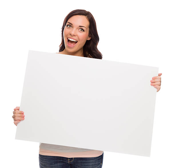 istock Beautiful Mixed Race Female Holding Blank Sign on White 186332986