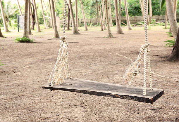 istock wooden swing with rope 186333645