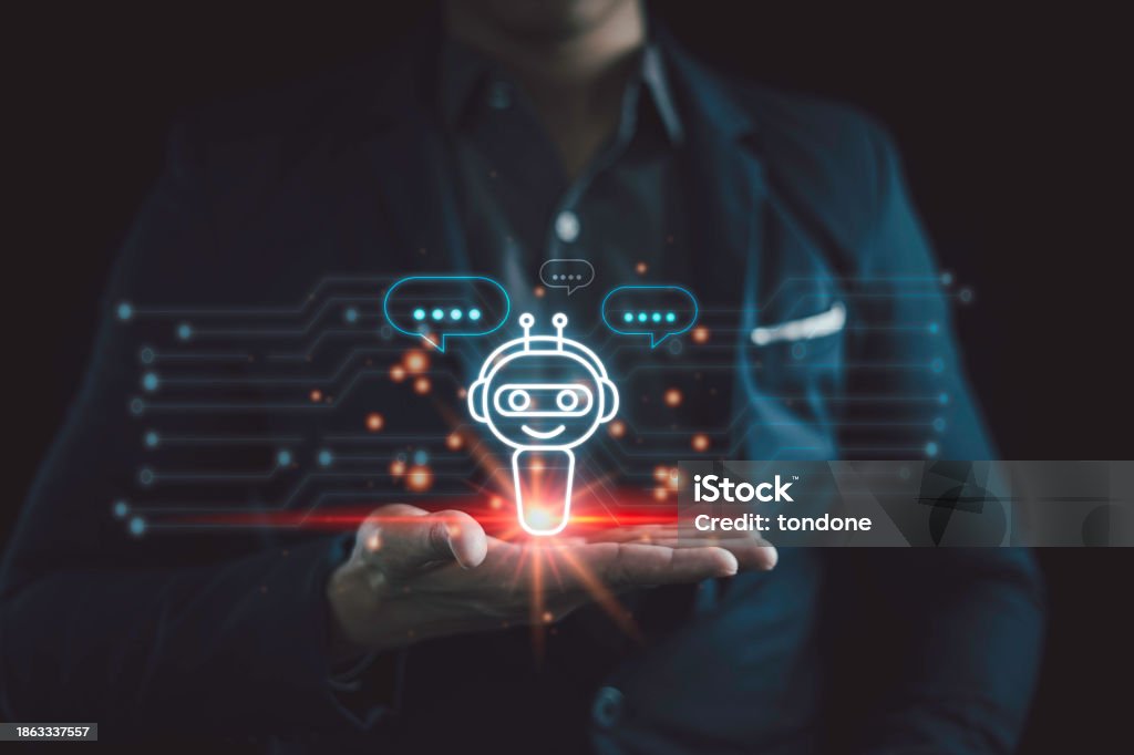 Chatbot Chat. IA, tecnología digital de inteligencia artificial, tecnología de uso del hombre robot inteligente Ai, generar datos comerciales en Internet del sitio web, solución de aplicación. Transformación tecnológica futurista. - Foto de stock de Analizar libre de derechos Chatbot Chat. IA, tecnología digital de inteligencia artificial, tecnología de uso del hombre robot inteligente Ai, generar datos comerciales en Internet del sitio web, solución de aplicación. Transformación tecnológica futurista. - Foto de stock de Analizar libre de derechos