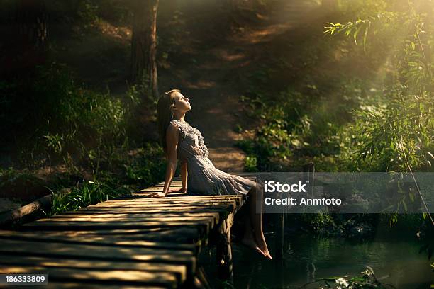 Beautiful Girl In Fairy Forest Stock Photo - Download Image Now - Dress, Forest, Adult