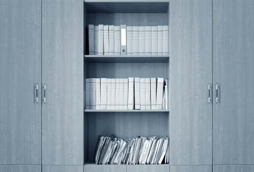 file folders, standing on the shelves in the background