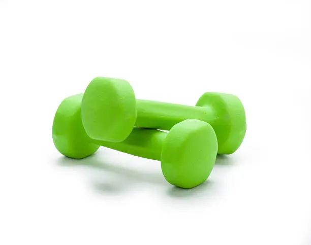 small green dumbbells,  isolated in white background