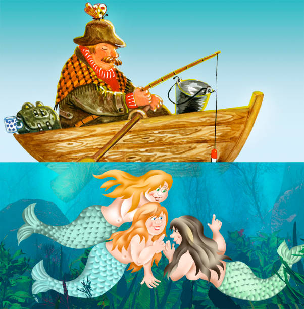 Fisherman fell asleep in a boat while mermaids smiling on him underwater