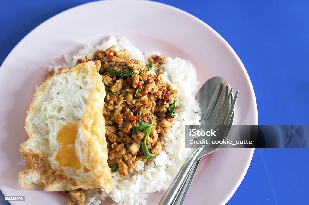 Rice with stir fried Rice with stir fried hot and spicy pork with basil Adulation Stock Photo