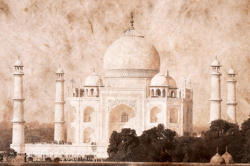 Taj Mahal, India. A famous historical monument . Artwork in retro style.