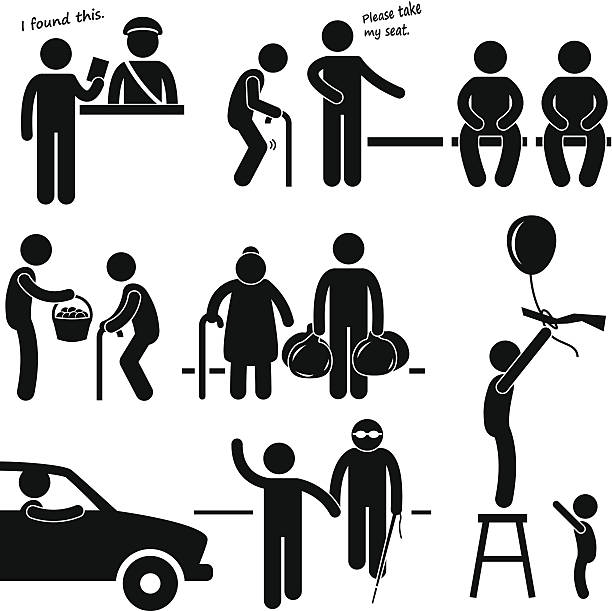 illustrations, cliparts, dessins animés et icônes de type de bon homme aidant les gens pictogram conviviale - men giving balloon women