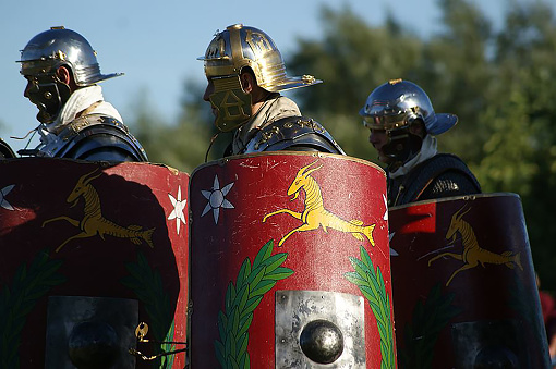 Roman legionaries. Reenactment group shows during the Dymarki Świętokrzyskie folklore event in Nowa Słupia, Poland.