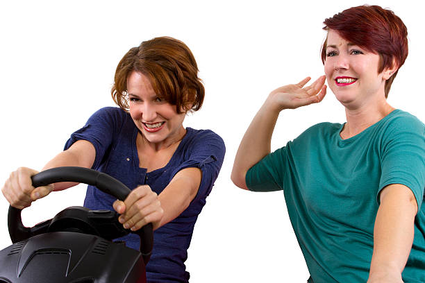 istock Reckless driver and scared female passenger on white background 186337747
