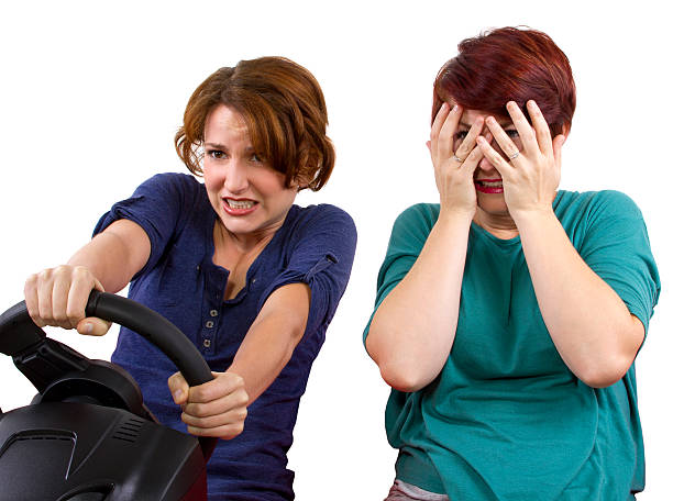 istock Reckless driver and scared female passenger on white background 186337759