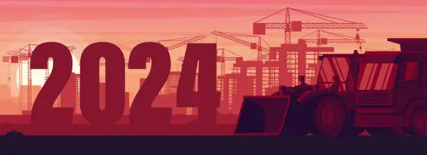 Vector illustration of Sunset in a city under construction with the year 2024 with dumper truck and front loader in panoramic background. Celebrating the beginning of a happy new year. Heavy machinery