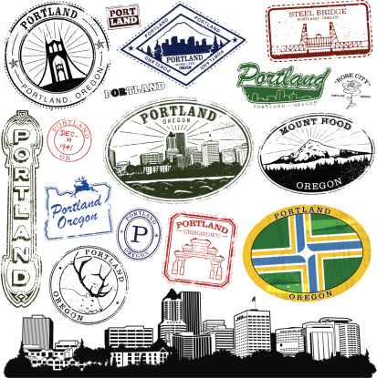 Series of Stylized vintage/retro stamps  of Portland Oregon.  Complete with cityscape and decal. 