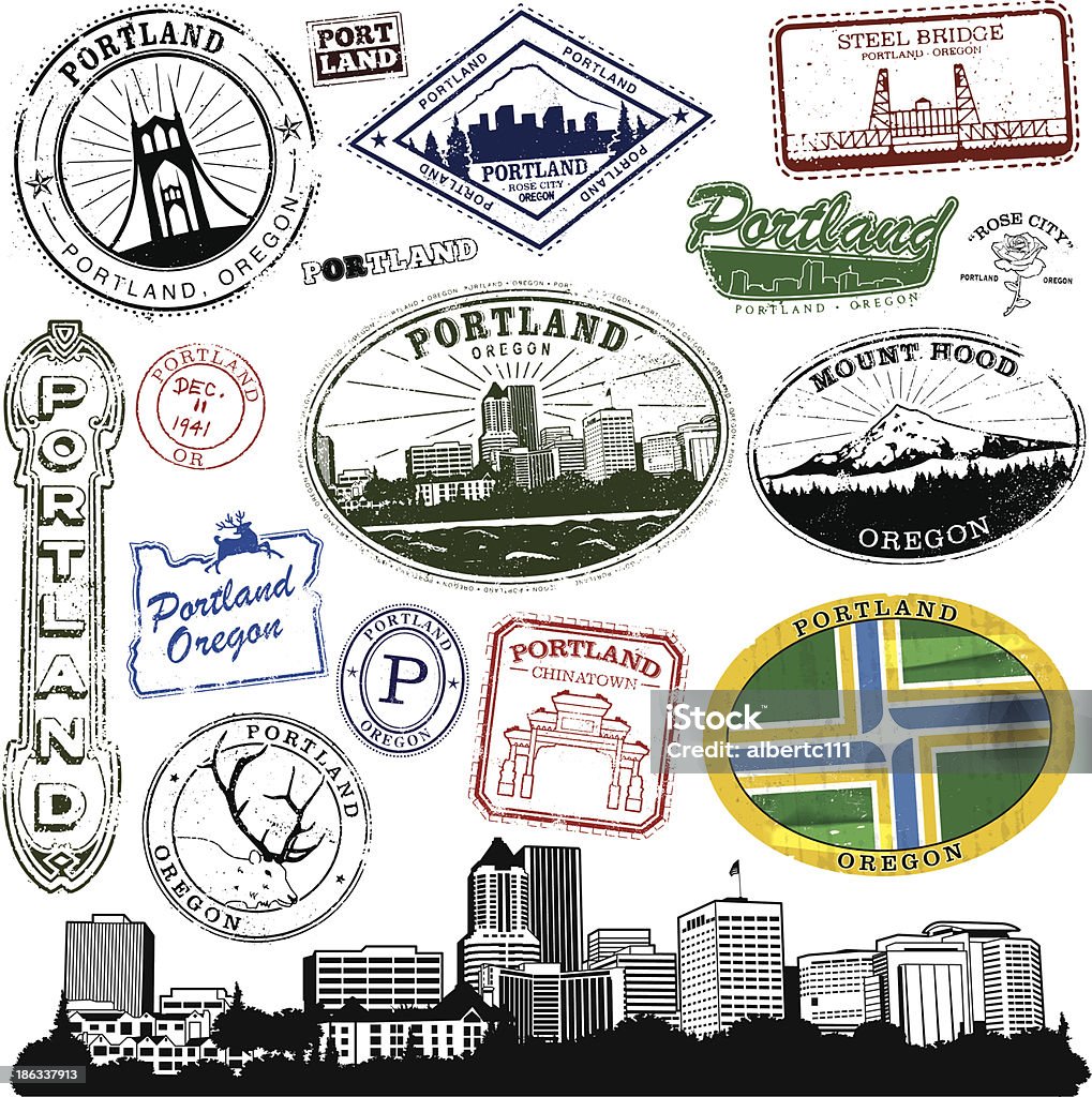 Portland Oregon Stamp Series Series of Stylized vintage/retro stamps  of Portland Oregon.  Complete with cityscape and decal.  Mt Hood stock vector