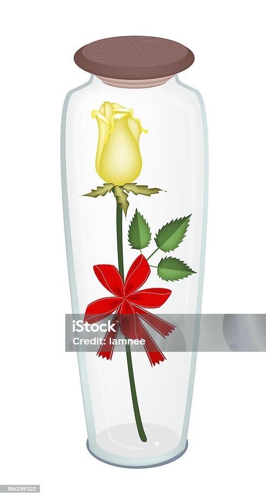 Piękny żółty Podniosłem się z Czerwona wstążka w szklanej butelce - Zbiór ilustracji royalty-free (Białe tło)